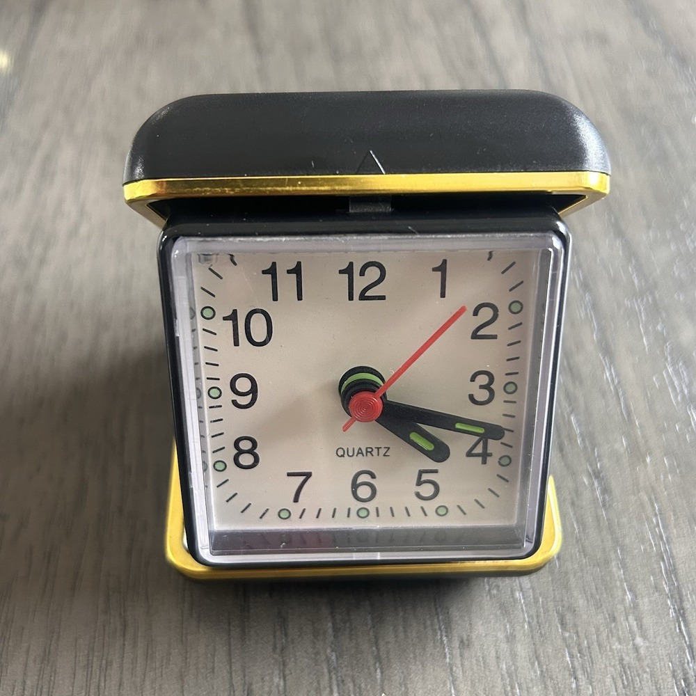 Vintage Quartz Folding Travel Clock Gold & Black Battery Power Glow Hands Retro